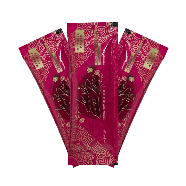 Pack de 3 sachets de miel La Vie en Rose, stimulant l’énergie et la sensualité des femmes.