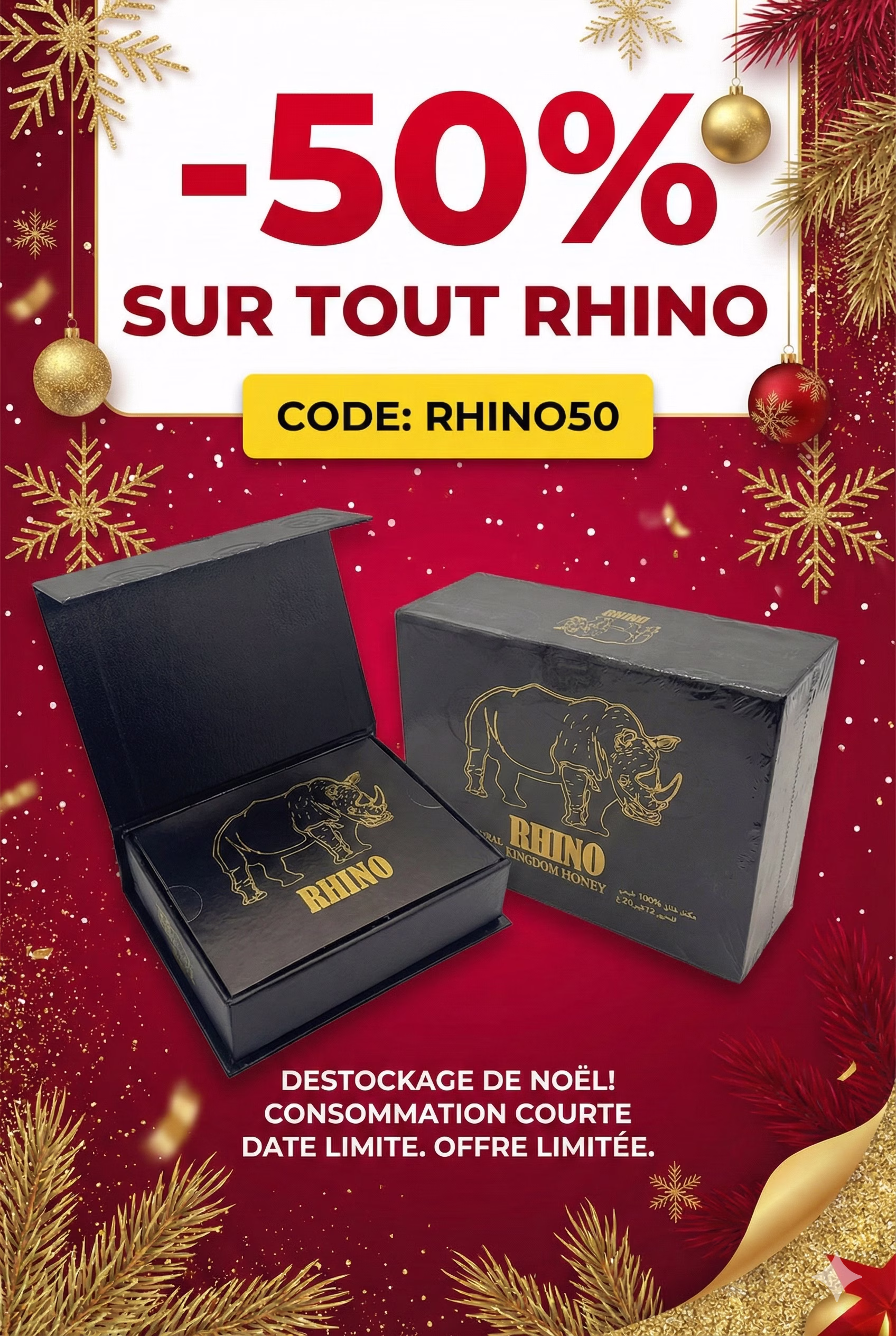 Miel aphrodisiaque Rhino Kingdom Honey 2.0 en promotion de Noël, stimulant naturel de la libido masculine
